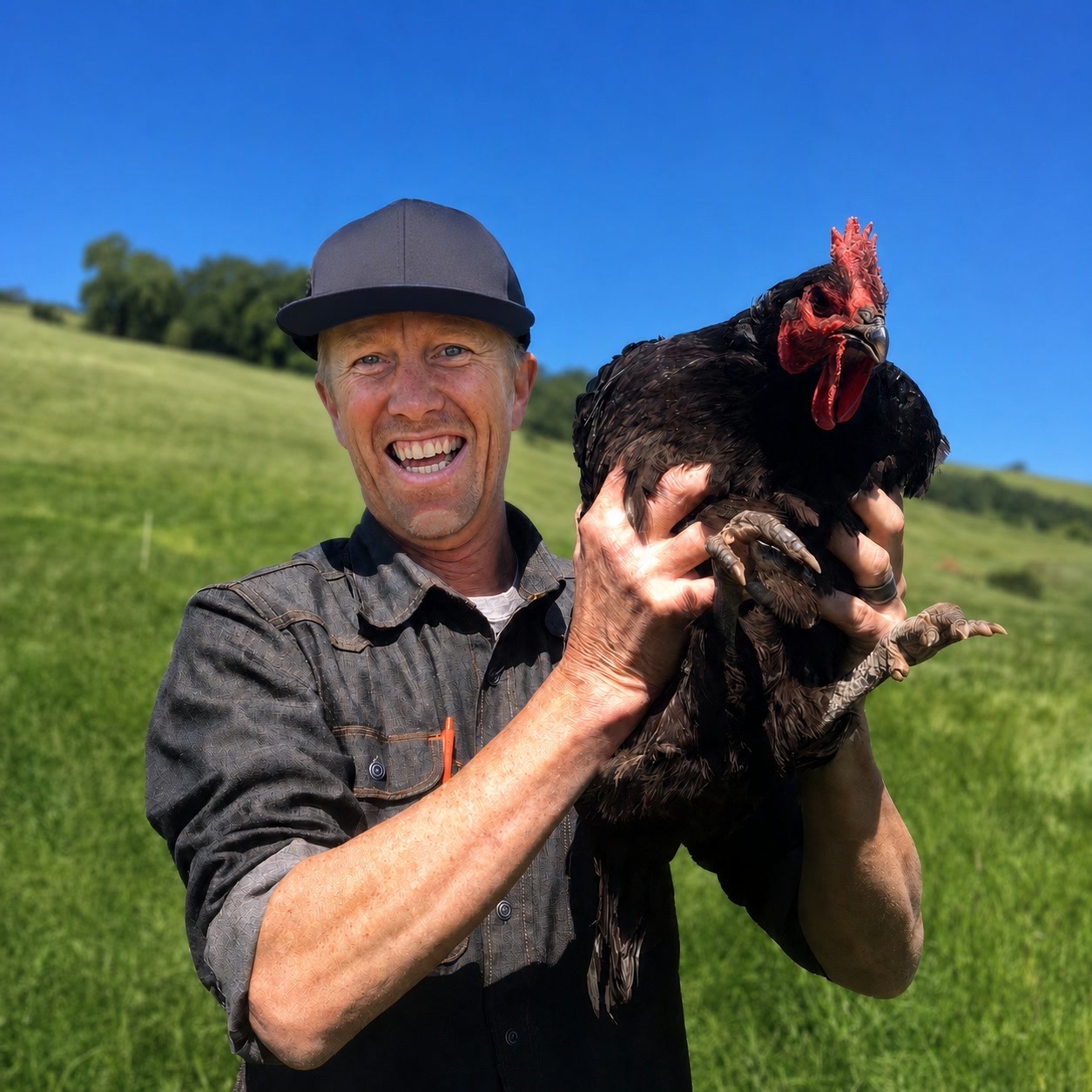 Matt Clark holding a black chicken in a grassy field