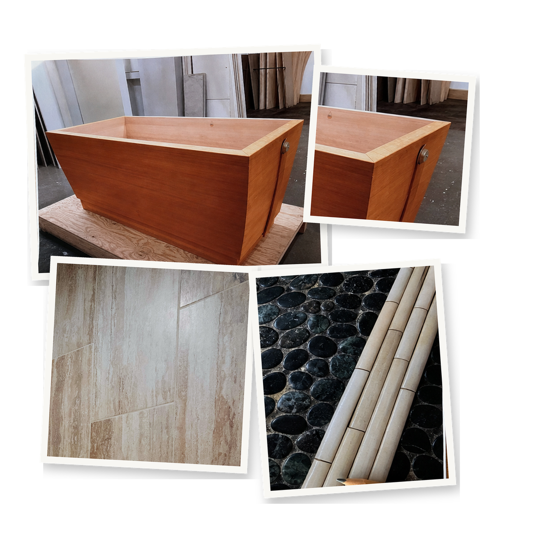 Bathroom remodeling moodboard with tile, fixtures, and finish samples
