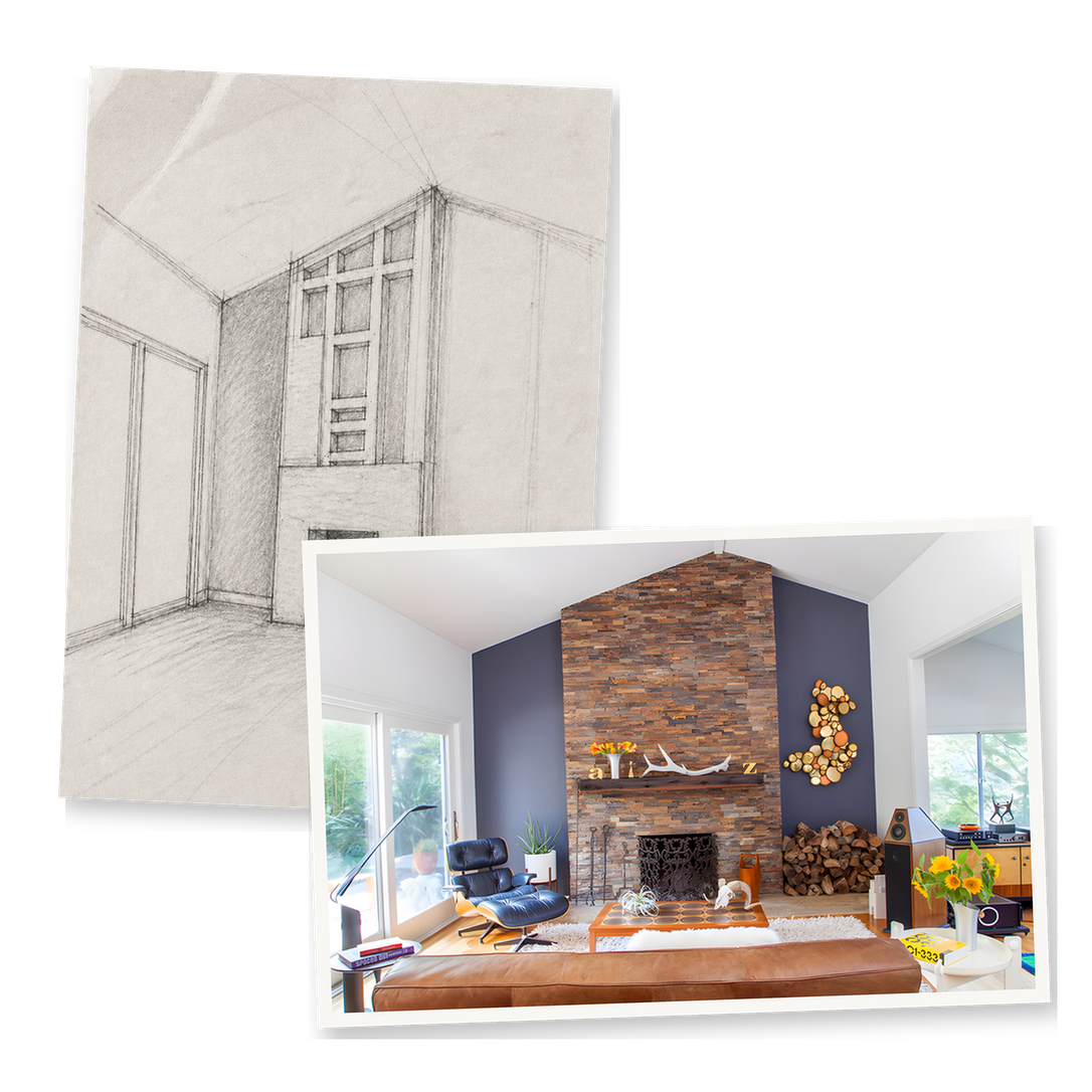 Architectural design sketches and materials arranged on a worktable