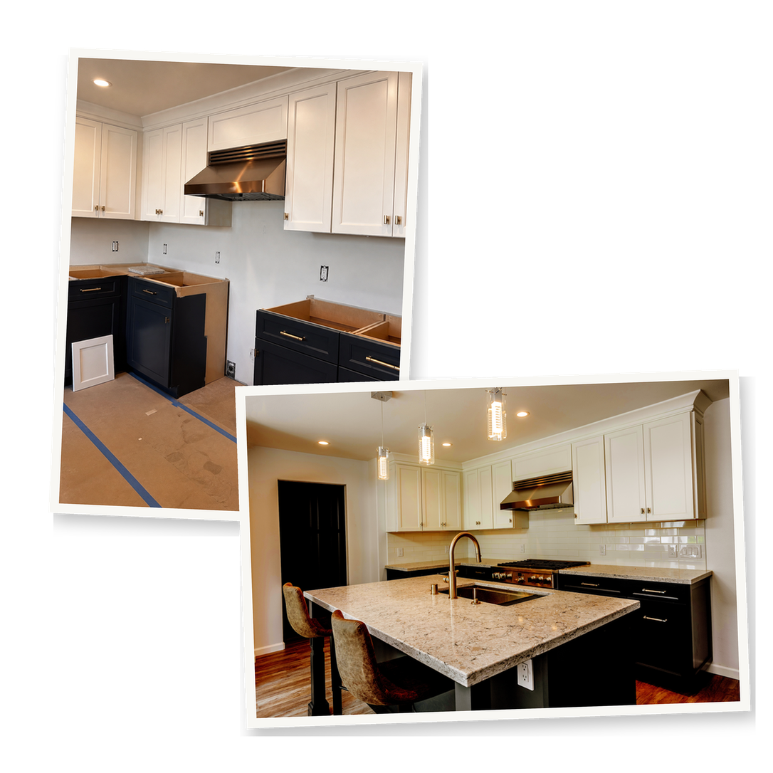 Kitchen remodeling work in progress with cabinetry and construction materials