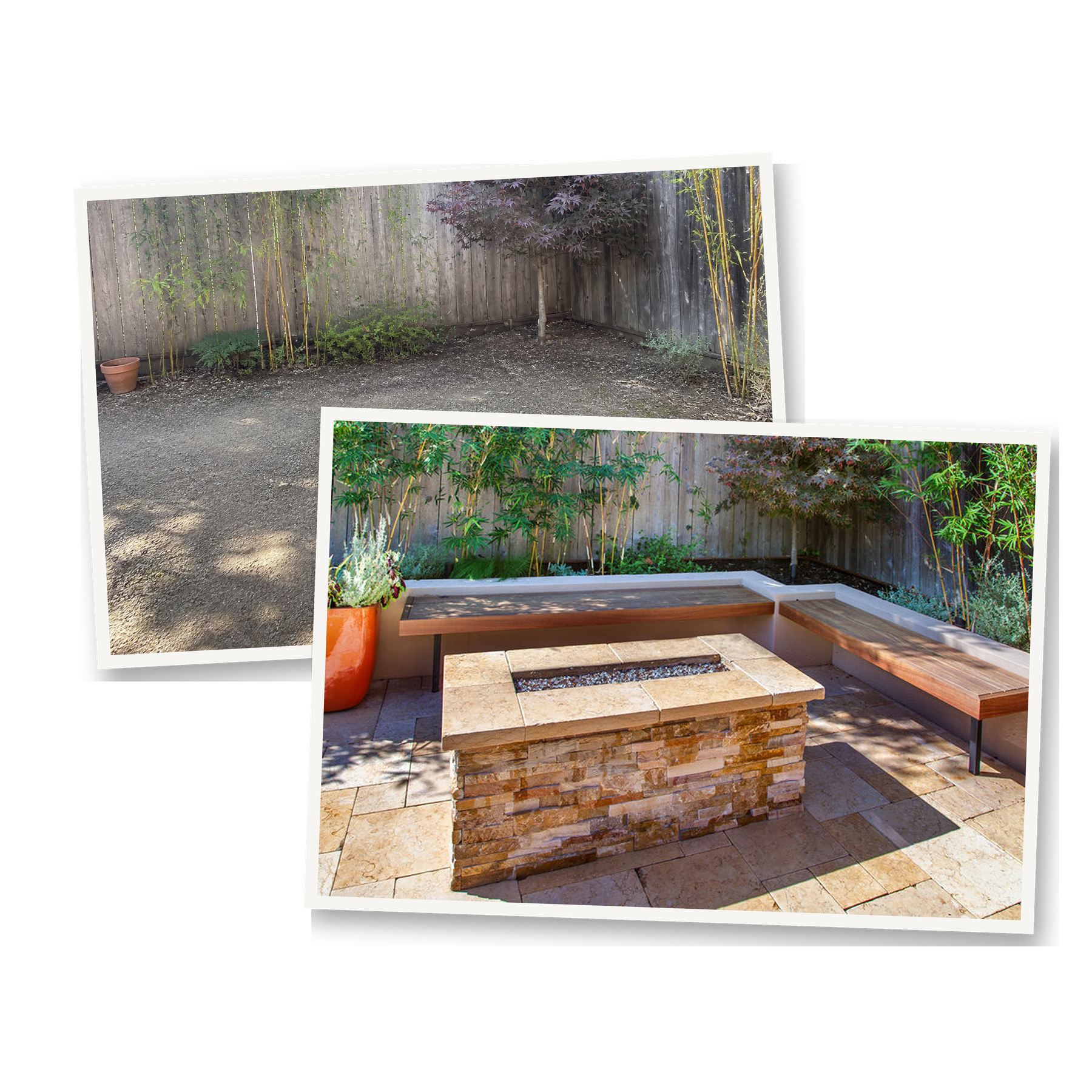 Before-and-after landscape design concept showing an outdoor space transformation