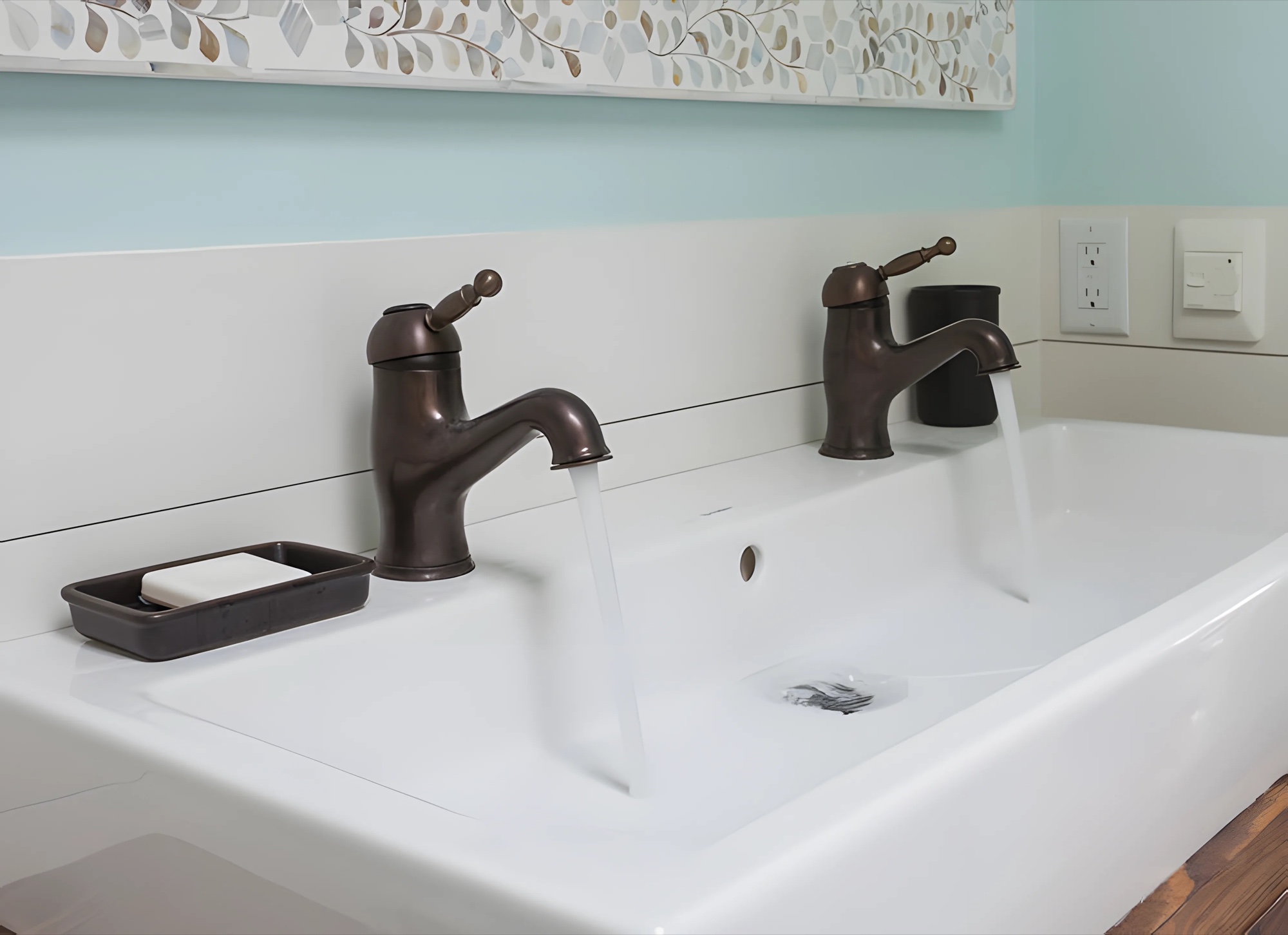 Double sink vanity detail with dark fixtures by M2
