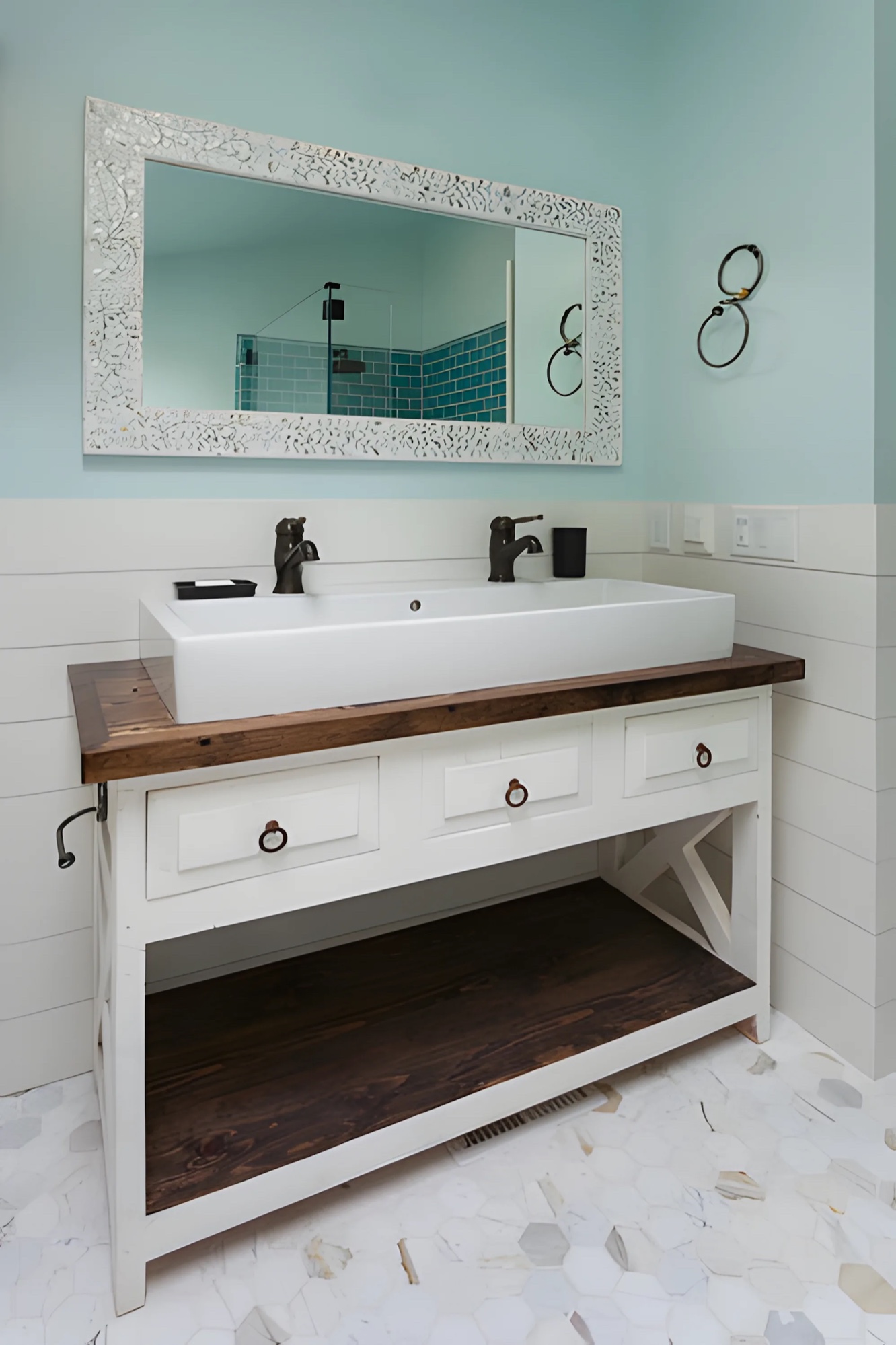 Marble bathroom vanity with open shelf by M2