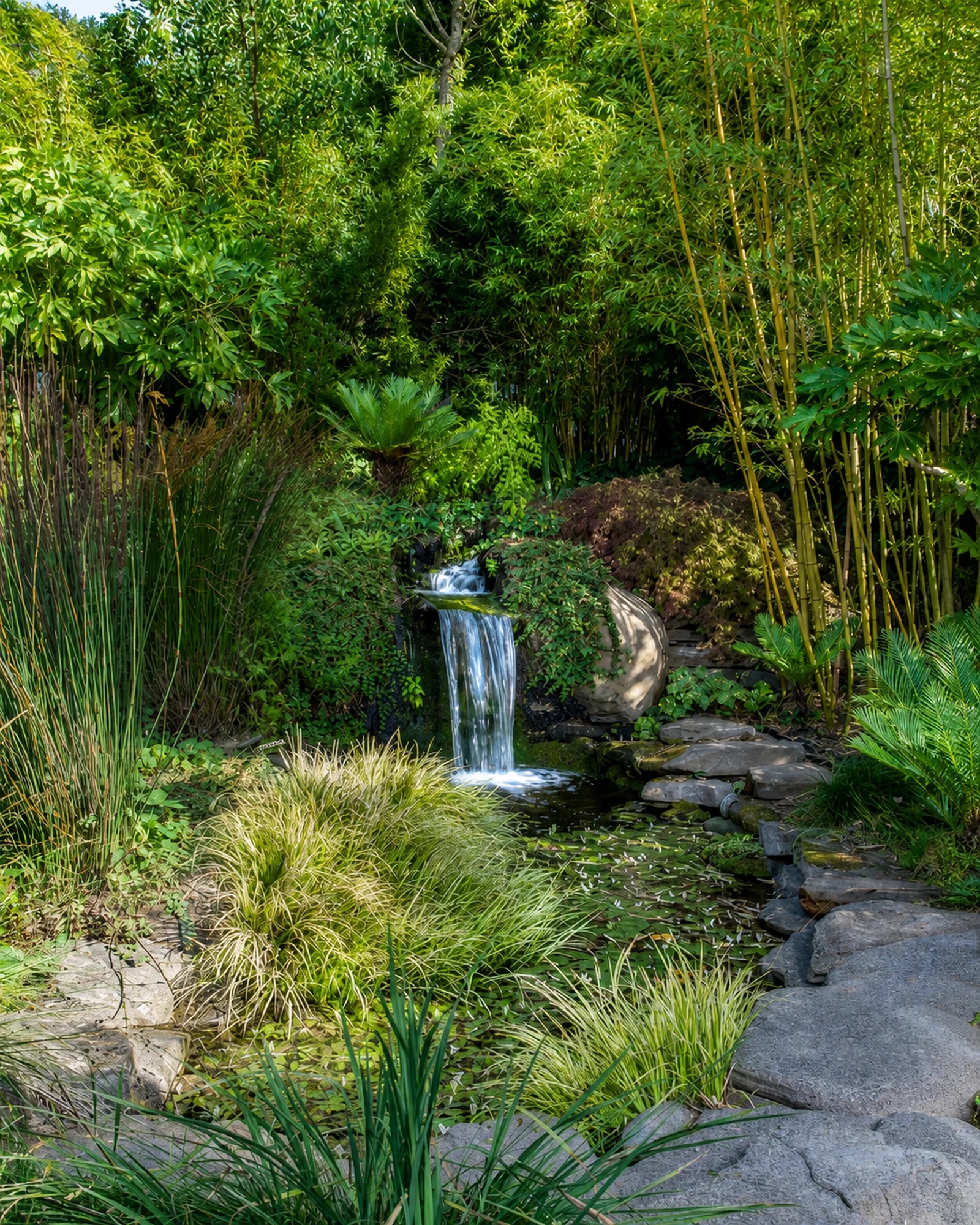 Garden stream and waterfall surrounded by bamboo and layered planting by M2